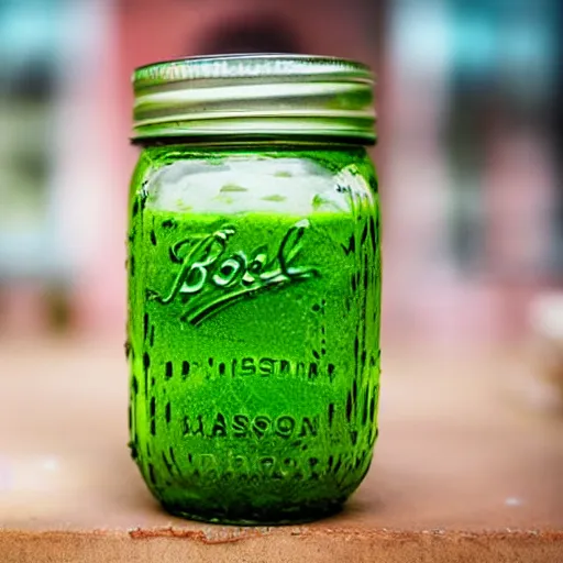 Image similar to close - up shot of a mason jar filled with cloudy green slime, macro lens, depth of field, bokeh