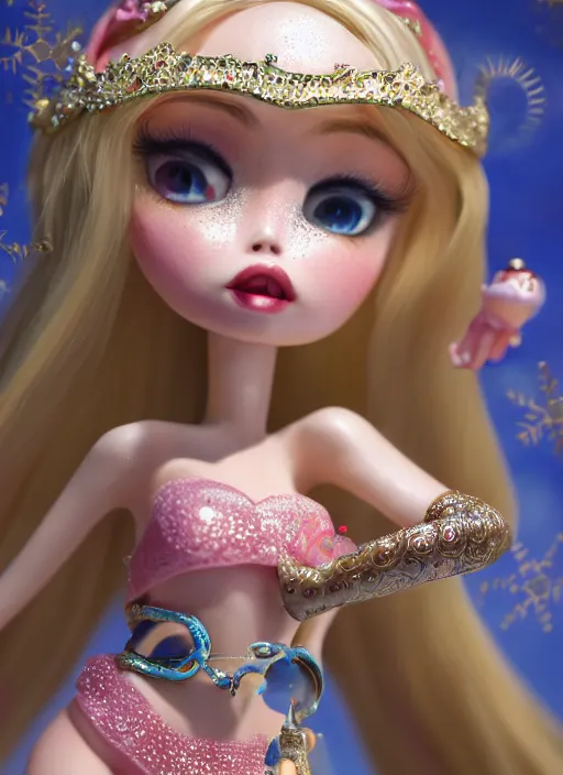 Image similar to closeup profile portrait of tin toy fairytale princess ice snow bikini girl, depth of field, zeiss lens, detailed, symmetrical, centered, fashion photoshoot, by nicoletta ceccoli, mark ryden, lostfish, breathtaking, 8 k resolution, extremely detailed, beautiful, establishing shot, artistic, hyperrealistic, octane render