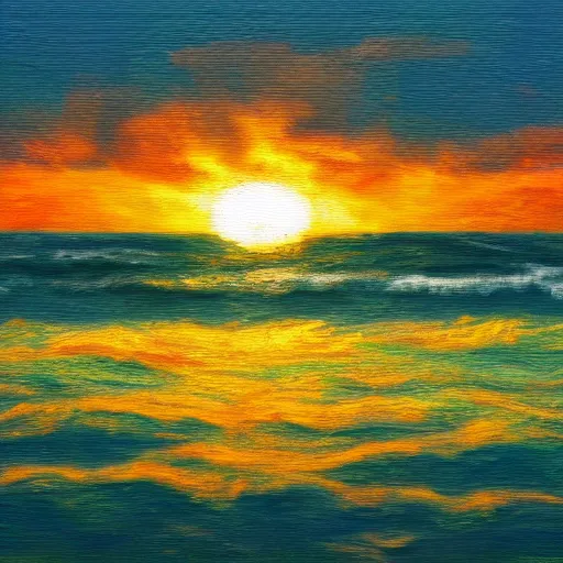 Prompt: impressionist painting of a sunrise over the atlantic ocean, east highly textured, hd, 8k