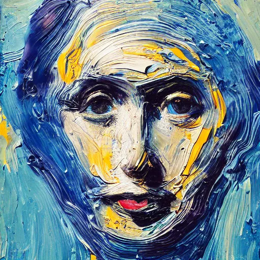 Prompt: oil paint impasto relief, portrait of woman's face, deep under water, lots blue colours, looking up, air bubbles, multi layered thick brush marks, some splattered paint, in the style frank auerbach and leonardo da vinci