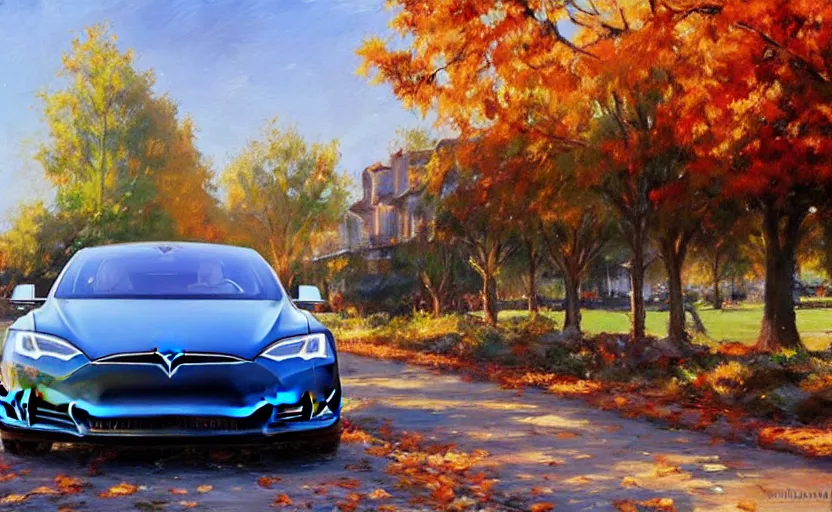 Image similar to new tesla model s on an autumn street by vladimir volegov