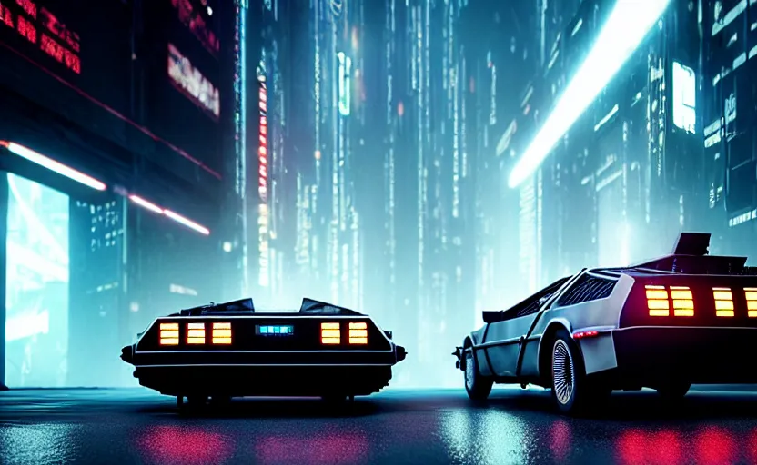 Image similar to professional photo of delorean from low angle shot, cyberpunk background, blade runner, hyperrealistic masterpiece, trending on artstation, cgsociety, kodakchrome, golden ratio, cinematic, composition, beautiful lighting, hyper detailed, sharp focus, octane render, 4 k, unreal engine