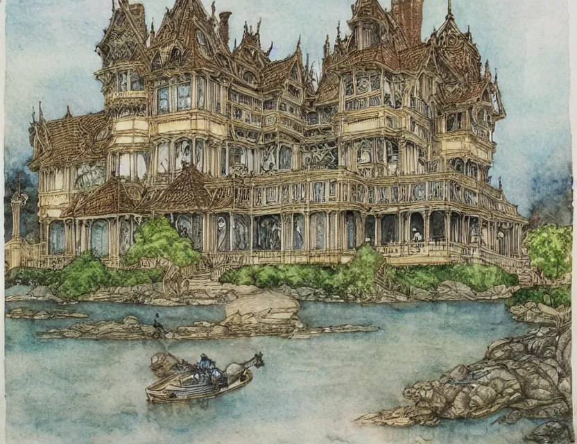 Prompt: a detailed, intricate watercolor and ink illustration with fine lines of the view from the river of an ornate victorian style home, by arthur rackham and edmund dulac and lisbeth zwerger