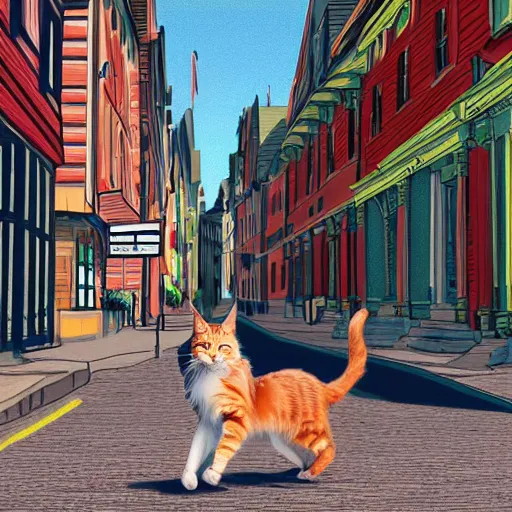 Image similar to a maine coon in maine walking down main street, 4 k, digital illustration,