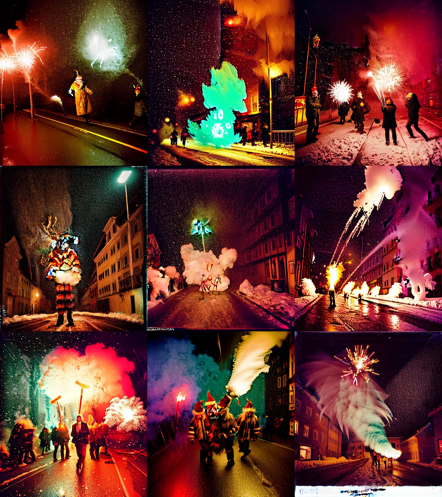 Image similar to kodak portra 4 0 0, wetplate, winter, snowflakes, rainbow coloured rockets, chaos, glitter tornados, award winning dynamic photo of a bunch of hazardous krampus between exploding fire barrels by robert capas, motion blur, in a narrow lane in salzburg at night with colourful pyro fireworks and torches, teal lights