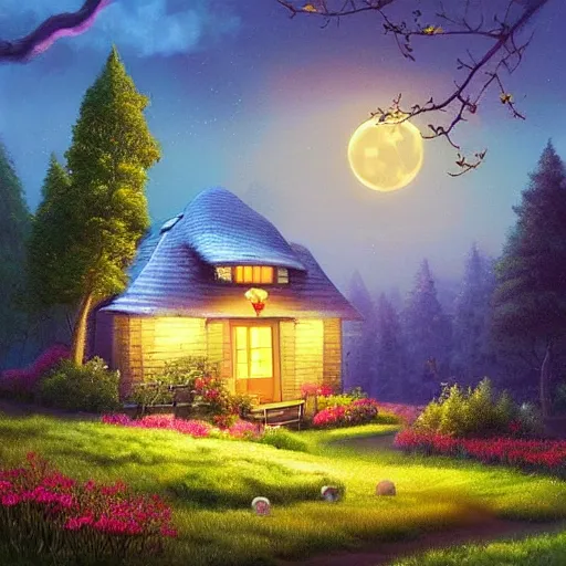 Image similar to beautiful cottage inspired by Evgeny Lushpin,cottages,flower meadow,midnight,full moon,cinematic