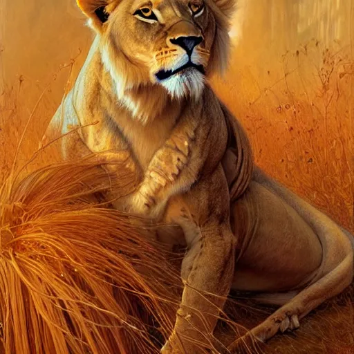 Image similar to highly detailed portrait of a majestic lioness queen in the form of a beautiful woman. d & d, art by donato giancola and ruan jia and carl larsson and magali villeneuve. trending on artstation, intricate details, energetic composition, golden ratio, concept art, illustration, elegant art