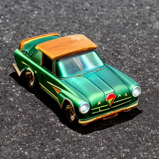 Prompt: 3 5 mm photo of metallic green and wood zelda car like hot wheels model with a hyrule as background, epic cinematic, epic lighting