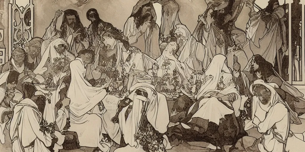 Prompt: the last supper,Alphonse Maria Mucha,elegant,highly detailed,smooth,sharp focus,illustration