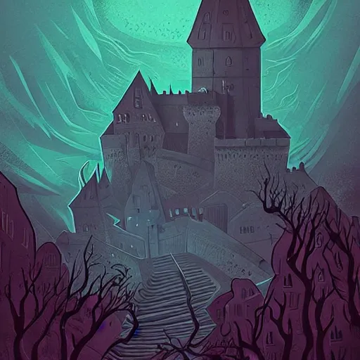 Prompt: lovecraftian castle scenery, sharp focus, illustration, art by petros afshar