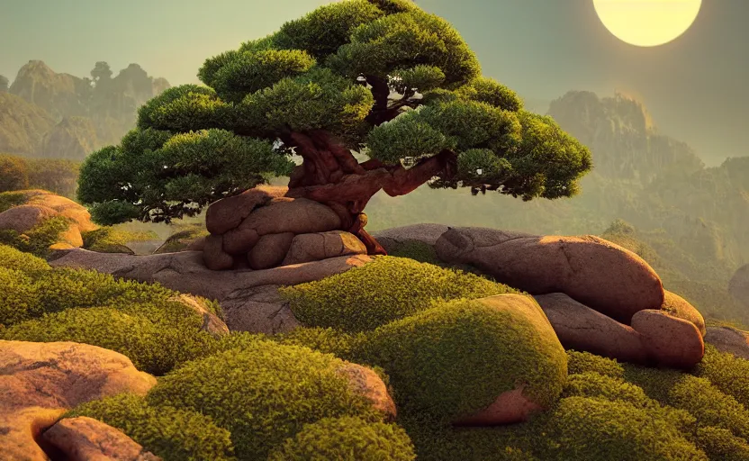 Image similar to bonsai tree in the rocky hills, Low level, rendered by Beeple, Makoto Shinkai, syd meade, simon stålenhag, synthwave style, digital art, unreal engine, WLOP, trending on artstation, 4K UHD image, octane render,