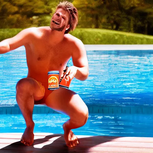Prompt: energy drink commercial, bold, vibrant, man by a pool summertime, hyperrealism