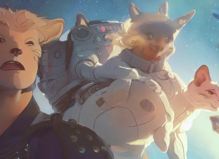 Image similar to a space handsome gay guys and their 1 0 pet space cats staring role in a musical sci - fi space opera ghibli animated film, volumetric lighting, octane render by stanley artgerm lau, greg rutkowski, thomas kindkade, alphonse mucha, loish, norman rockwel, 8 k greg rutkowski