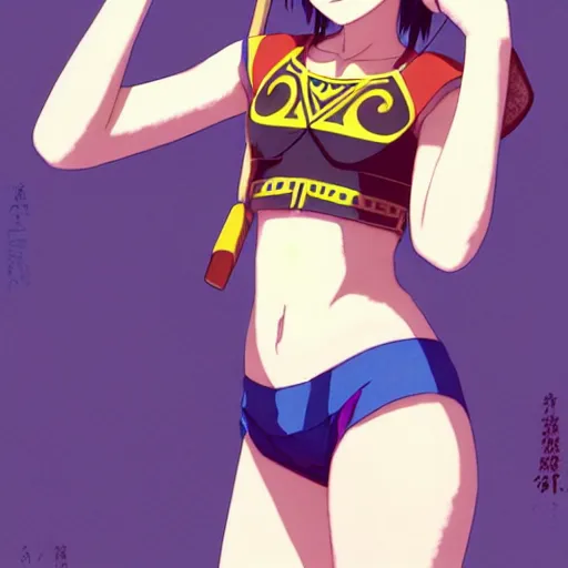 Image similar to beautiful boyish natalie portman gravure model in majora's mask, wearing wooden mask and baseball cap and leotard, street wear with subtle mayan patterns, aztec bathing suit, gapmoe yandere grimdark, trending on pixiv fanbox, painted by greg rutkowski makoto shinkai takashi takeuchi studio ghibli, akihiko yoshida