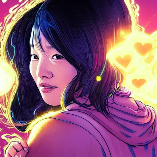 Image similar to portrait of jeon so min, falling in love, glowing with heart aura. sharp focus, cinematic pose, cinematic lighting, unreal engine render. art by josan gonzales and moebius and deathburger.