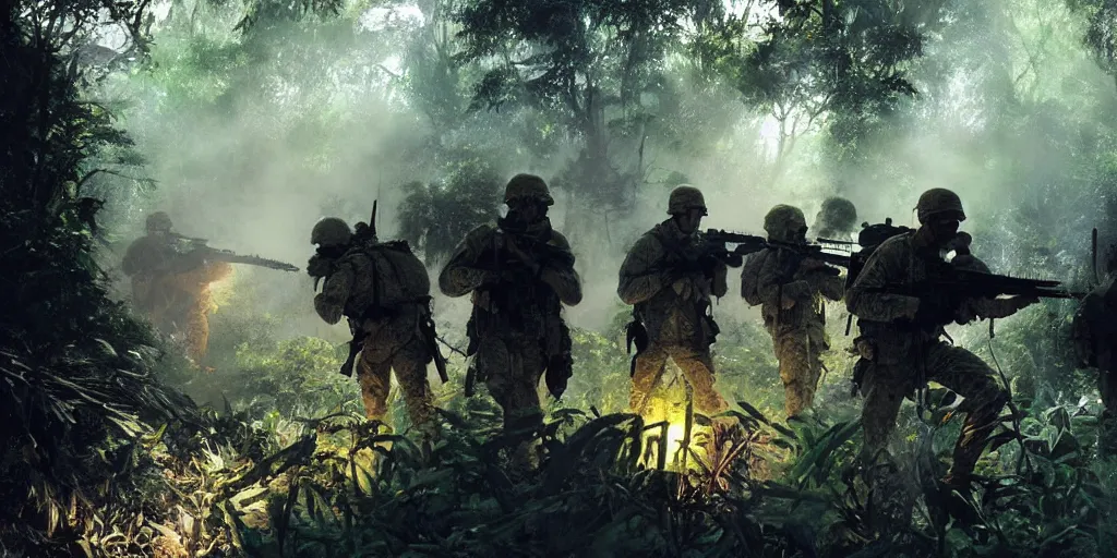 Image similar to a squad of american soldiers ambushed by the vietcong in the jungle illuminated by flare, beautiful, high contrast, cinematic, art by craig mullins