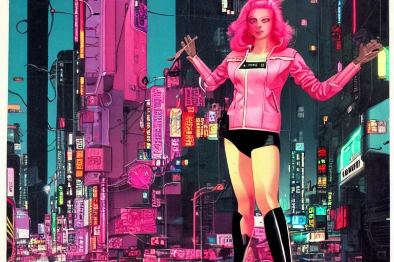 Image similar to 1979 OMNI Magazine Cover of Chrome woman with Pink hair and a leather jacket. neo-Tokyo streets behind her. in cyberpunk style by Vincent Di Fate