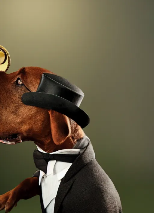 Prompt: closeup portrait of a hunting terrier wearing a suit and a monocle and a top hat, depth of field, zeiss lens, detailed, centered, by Annie Leibovitz and Steve McCurry, David Lazar, Jimmy Nelsson, Breathtaking, 8k resolution, extremely detailed, beautiful, establishing shot, artistic, hyperrealistic, beautiful face, octane render