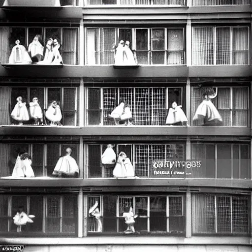 Image similar to 'Girls in the Windows', a photo taken by Ormond Gigli on New York’s East 58th Street in 1960. The building was knocked down the next day.