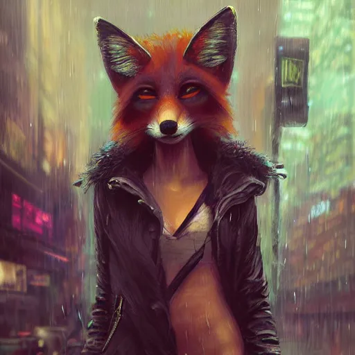 Image similar to beautiful portrait of a female anthro fox, smoking a cigarette in the rain, in crowded and wet street of a city, melancholic, cyberpunk, harsh neon lights, highly detailed, deep shadows, digital painting, shallow depth of field, illustration, art by sakimichan and greg rutkowski
