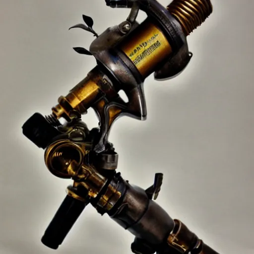 Prompt: photo of a steampunk flamethrower