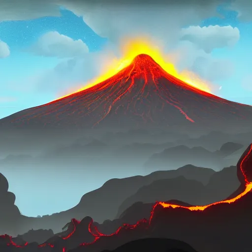 Prompt: a volcanic lava mountain terrain on an alien world, matte painting, dynamic lighting, cel shading, trending on artstation