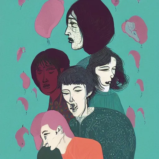 Image similar to illustration of to pout, sullen, showing irritation or ill humor by a gloomy silence or reserve. in colors # 1 1 3 4 a 6, # 7 3 c 2 fb, # 6 6 9 3 fs, # 9 8 fb 9 8, # 0 1 7 9 6 f, by studio multi and victo ngai, malika favre