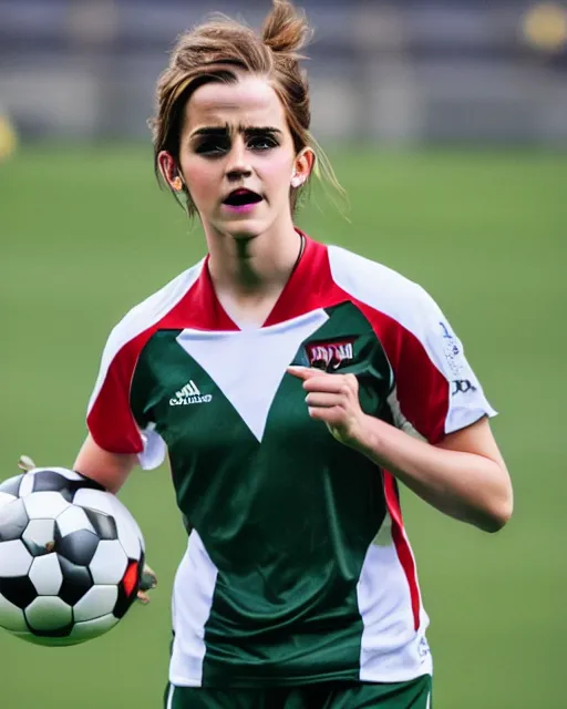 Image similar to a portrait of emma watson as a lokomotiv football player, hyper realistic