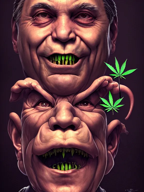 Image similar to a portrait of a cannabis devil premier francois legault illustrated by miyazaki by karol bak, james jean, tom bagshaw, rococo, sharp focus, trending on artstation, cinematic lighting, hyper realism, octane render, 8 k, hyper detailed, vivid, ultra detailed, highly detailed