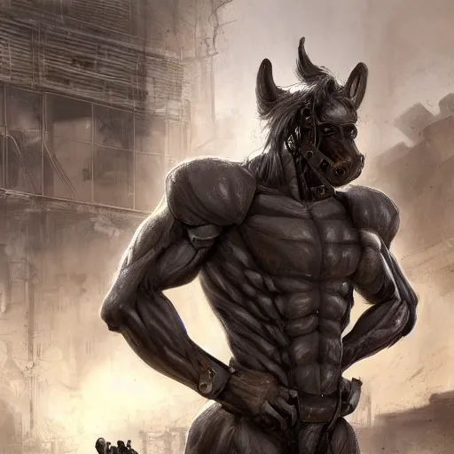 Image similar to a hyper - muscular anthropomorphized horse wearing a tactical bodysuit standing in the ruins of a facility, equine, highly detailed, digital painting, artstation, sharp focus, game art, concept art, illustration, art by artgerm, greg rutkowski