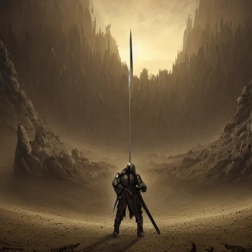 Image similar to A single knight standing against an army of orcs in the desert, HD, ultra detail, matte, fantasy, famous illustration, masterpiece, dark atmosphere, war, good value control, intricate, cinematic, concept art, 8K, foggy,