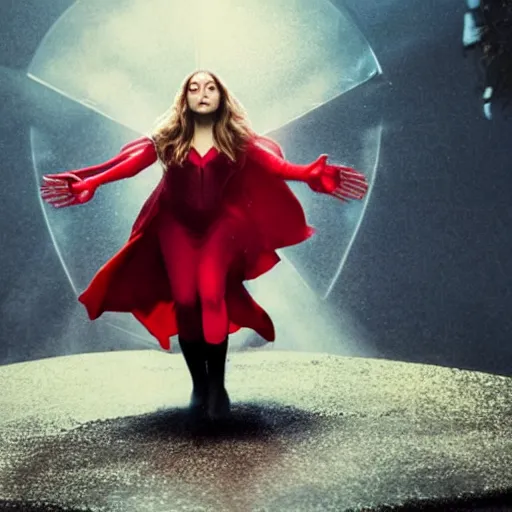 Prompt: elizabeth olsen as the scarlet witch, floating in the air as she emanates magic from her palms, full - body portrait, 3 5 mm!!!!! photography, disdain facial expression, messy!!!!! hair, trending on artstation, photorealistic!!!!!, 4 k, 8 k
