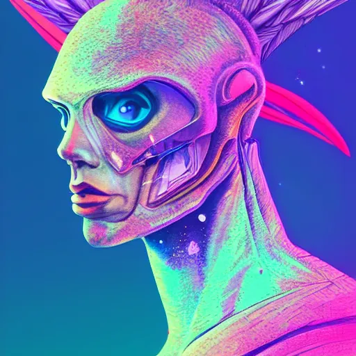 Prompt: portrait from a avian bird alien, feathers, synthwave, universe background, nebula, galaxy, artstation