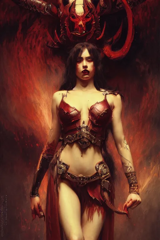 Image similar to a full body portrait of devil demon girl wearing devil clothes, high detail, cleary see face, by gaston bussiere, bayard wu, greg rutkowski, odd nerdrum, maxim verehin, dan dos santos, masterpiece, sharp focus, cinematic lightning