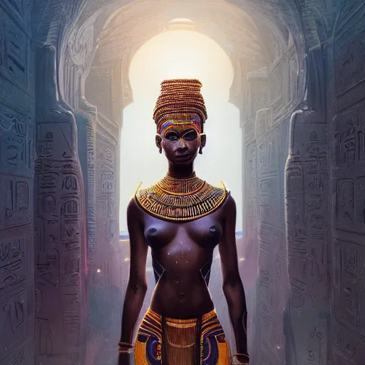 Image similar to highly detailed portrait of an african egyptian goddess entering the voidspace, intricate alien technology, stephen bliss, unreal engine, fantasy art by greg rutkowski, loish, rhads, ferdinand knab, makoto shinkai and lois van baarle, ilya kuvshinov, rossdraws, tom bagshaw, global illumination, radiant light, detailed and intricate environment