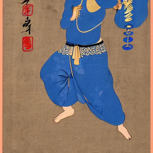 Image similar to muscular genie with blue skin covered in oil in Style of korean traditional folktale painting by Shin Yun-bok; Sin Yun-bok ; 8k resolution