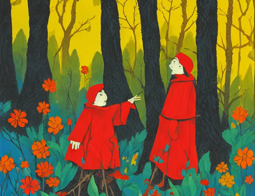 Prompt: flower priest of winter woods. gouache, limited palette with complementary colors, children's cartoon, backlighting, bold composition, depth of field.