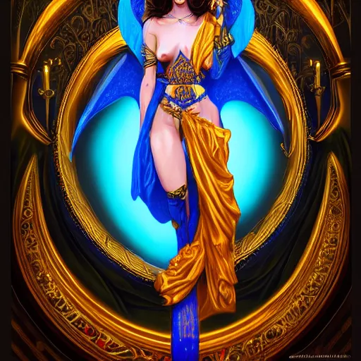 Prompt: seductive divine goddess with bright blue eyes and golden robe surrounded by darkness, vibrant color scheme, intricately detailed, in the style of realism, cinematic, artstation,