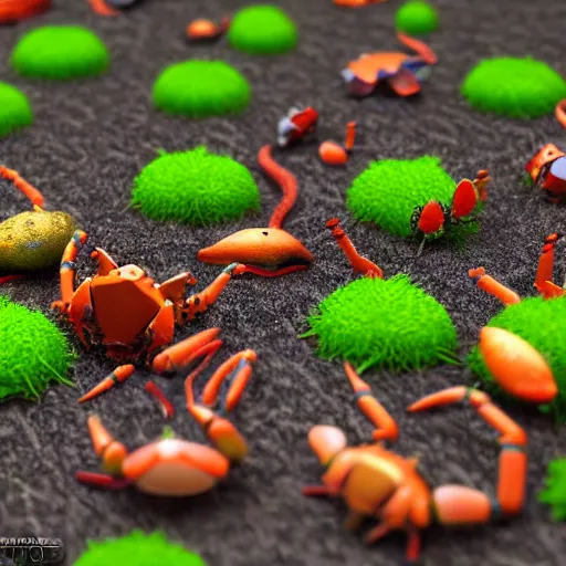 Prompt: large group of crabs and worms, crawling along a bed of moss, low poly, creeper world, handcrafted, artstation, hyperrealistic, hard light, best practices, creeptastic, photorealism, macro perspective, cuddly.