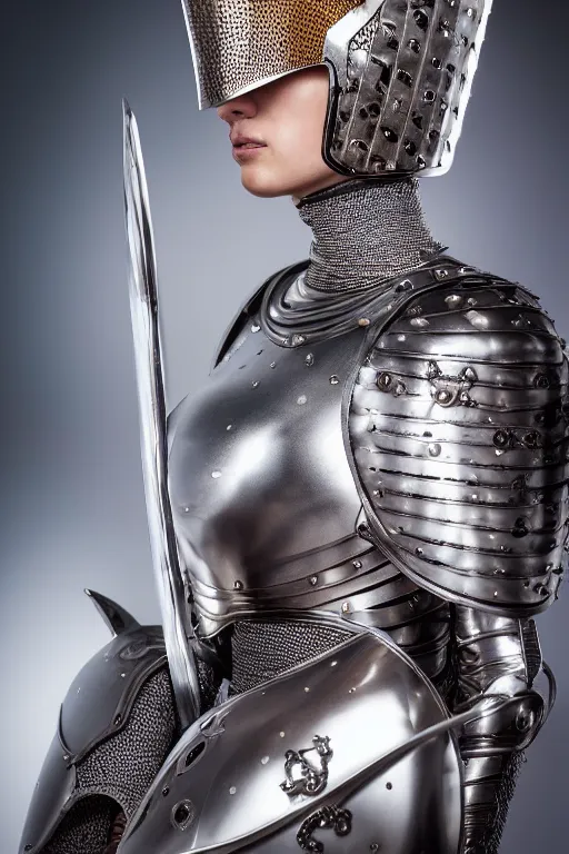 Prompt: female knight wearing a real cat on her head, armor designed by wayne barlowe, swarovski and tiffany, blonde hair, symmetry, sci - fi, cinematic, elegant, luxury, perfect light, perfect composition, dlsr photography, sharp focus, dark fantasy, 8 k, ultra hd, sense of awe, highly detailed, realistic, intricate