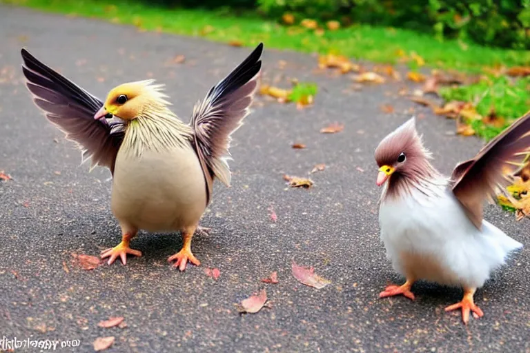 Prompt: real life pidgey pokemon, cute!!!, adorable!!!, playful!!!, happy!!!, cheeky!!!, mischievous!!!, ultra realistic!!!, autumn, clear weather, golden hour, sharp focus