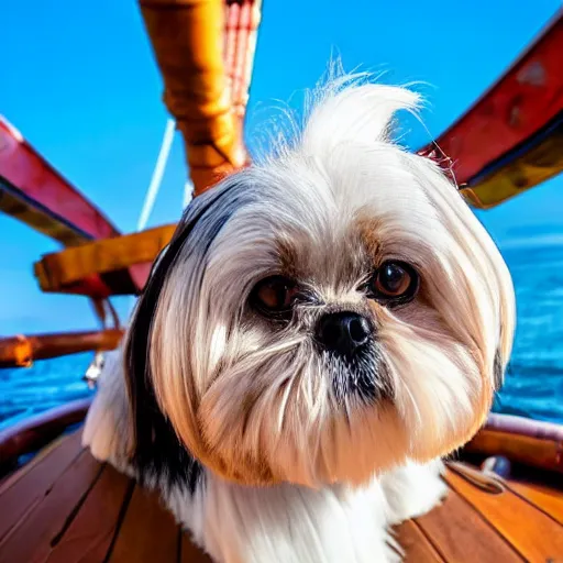 Image similar to low angle photo of a shih tzu on a pirate ship out at sea