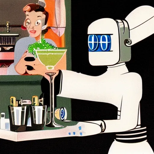 Image similar to a retro robot at the bar orders a drink from a (TY fluffy puppy) bartender.