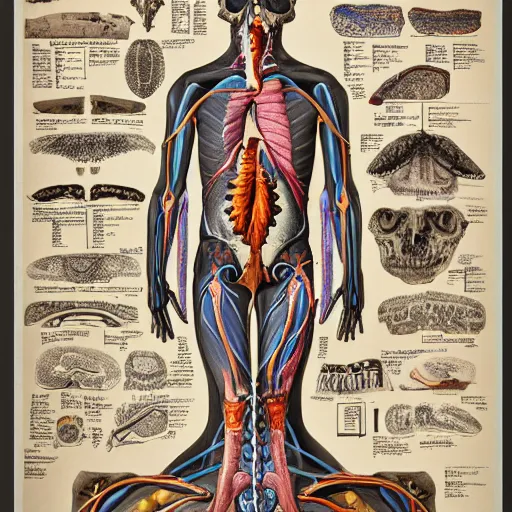 Image similar to highly detailed labeled medical anatomy poster, anatomical drawing on poster paper with notes, extra beautiful colorful full page antique lithograph of artnouveau borders and designs, muted colors, parchment paper, art print, well - lit, ray tracing, horror, eldritch abomination, hyper realistic, 8 k post - processing