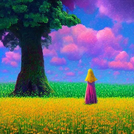 Prompt: huge flower head, girl standing in flower field, surreal photography, big trees, sunrise dramatic light, impressionist painting, colorful clouds, digital painting, pointillism, artstation, simon stalenhag