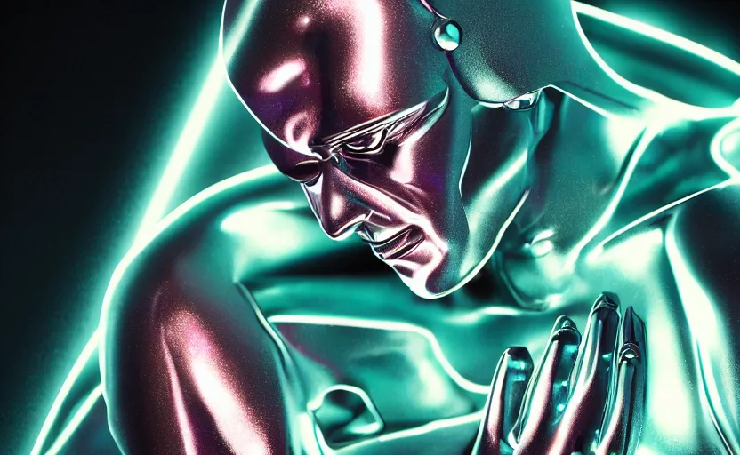 Image similar to silver surfer by bill sienkiewicz, stellar, macro up view metallic, tron, close up bokeh hiperrealistic neon glow darkness dramatic neon, sharp focus, octane render, imax