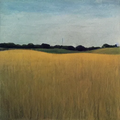 Image similar to “a soft prairie landscape during august, late afternoon, in the style of Andrew Wyeth”