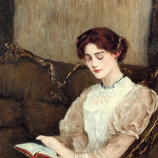 Image similar to young victorian lady in ball gown reading a book, painted by alfred stevens