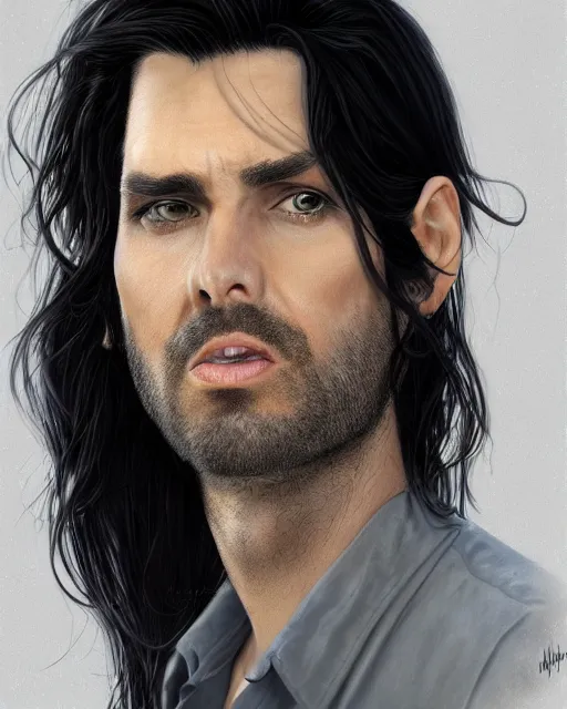 Image similar to portrait of tall, 3 3 - year - old handsome man with long dirty black hair, and ice grey eyes, wearing black clothes, no beard, hyper realistic face, beautiful eyes, character art, art by mark brooks, hyperdetailed, cryengine, trending on artstation, digital art