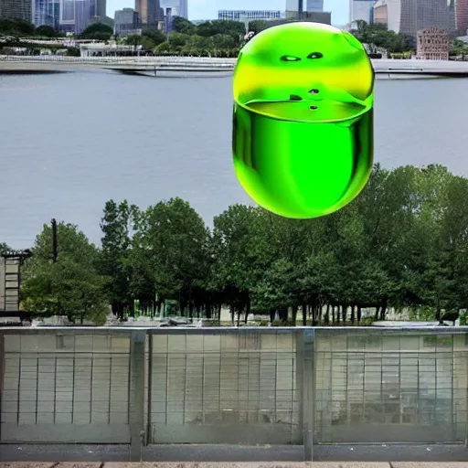 Prompt: chartreuse chrome energy blob hovering city park